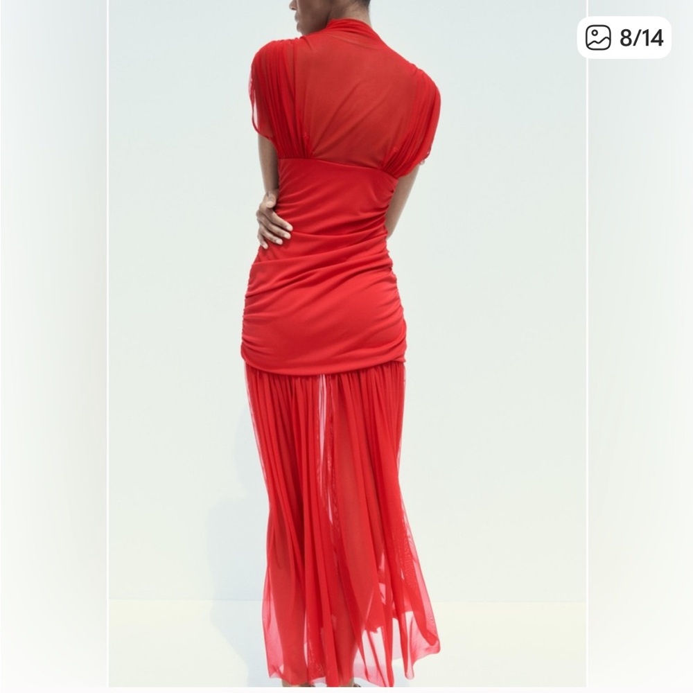 Zara NWT combination tulle midi dress red 4772/352 - Picture 3 of 15